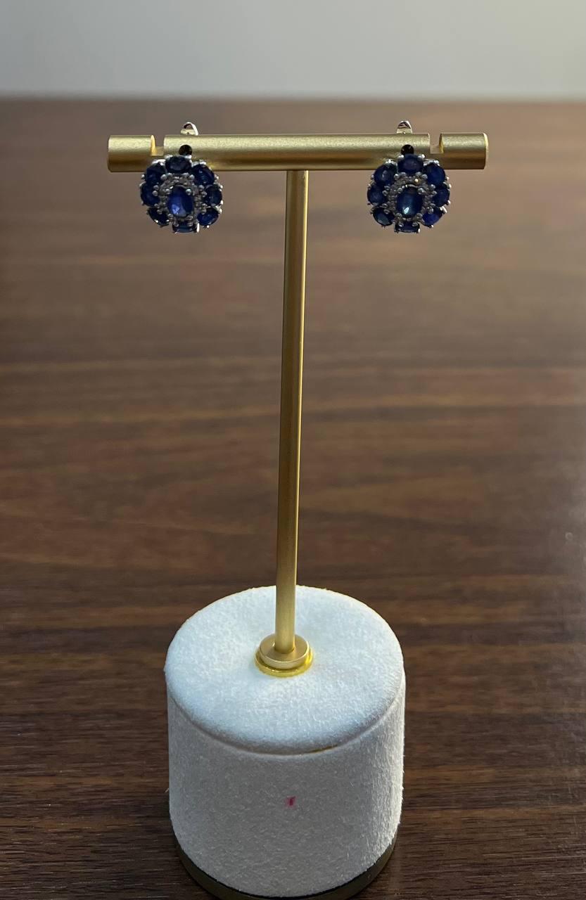 Blue Sapphire Diamond Halo Floral Flower Shape 14K White Gold Statement Earrings