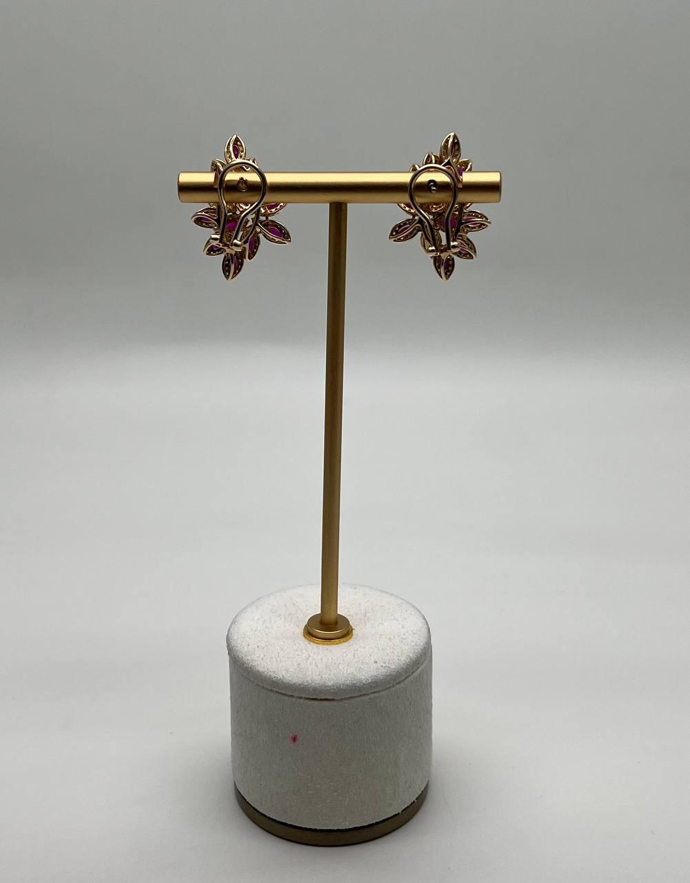 Marquise Shape Red Pink Ruby Diamond Halo 14K Yellow Gold Statement Earrings
