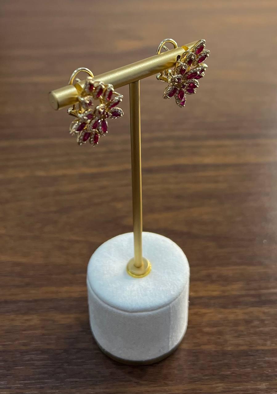 marquise shape red pink ruby diamond halo 14k yellow gold statement earrings