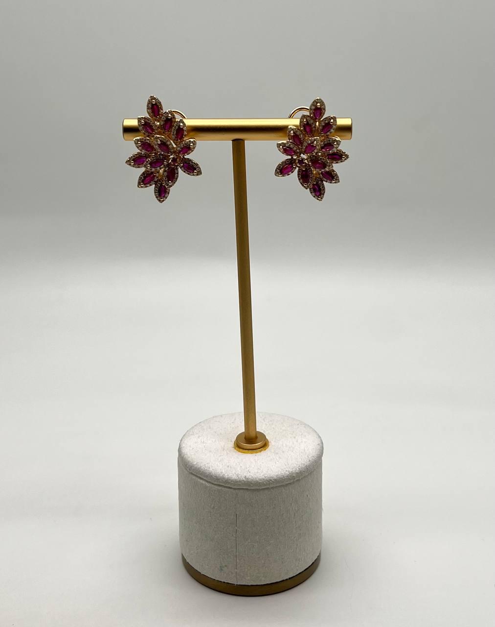 marquise shape red pink ruby diamond halo 14k yellow gold statement earrings
