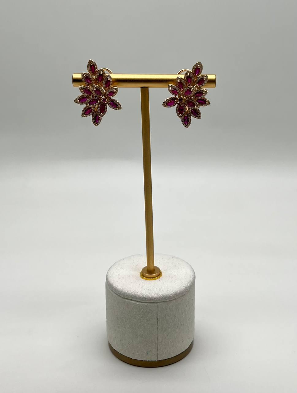 marquise shape red pink ruby diamond halo 14k yellow gold statement earrings