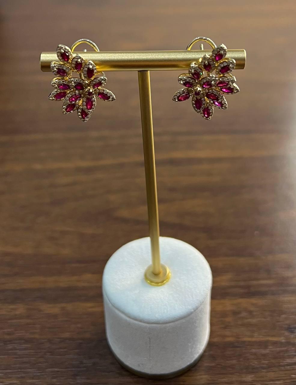 marquise shape red pink ruby diamond halo 14k yellow gold statement earrings