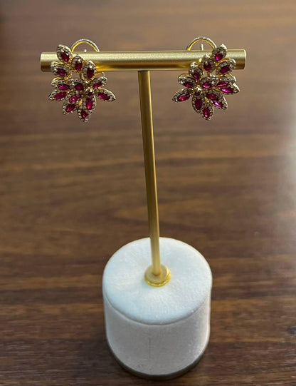 Marquise Shape Red Pink Ruby Diamond Halo 14K Yellow Gold Statement Earrings