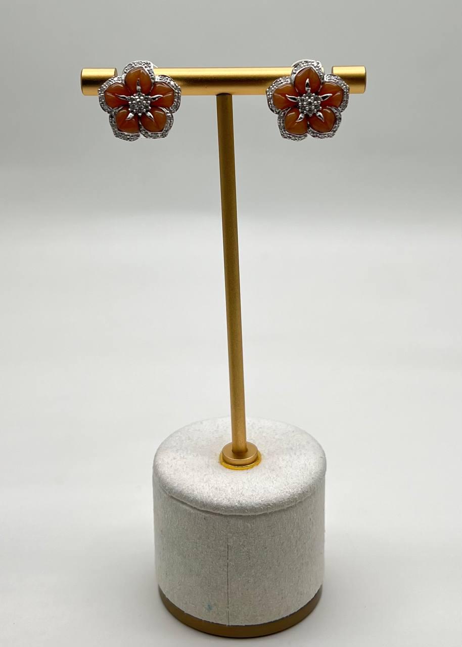 Pink Rose Opal Flower Floral Motif Diamond Pave Halo 14K White Gold Earrings