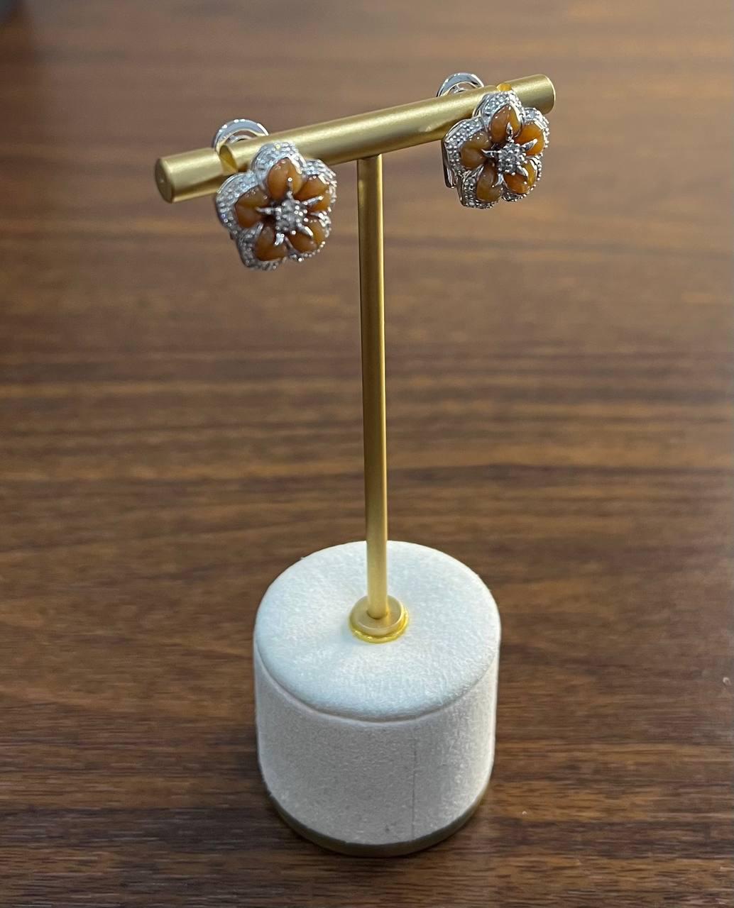 Pink Rose Opal Flower Floral Motif Diamond Pave Halo 14K White Gold Earrings