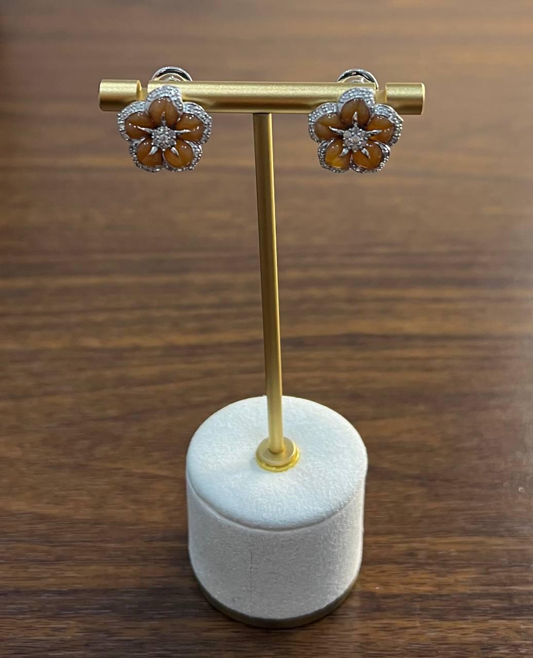 pink rose opal flower floral motif diamond pave halo 14k white gold earrings