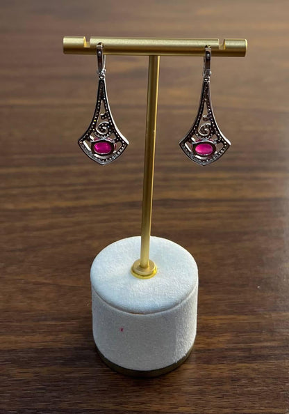 Oval Shape Red Pink Ruby Cabochon 14K White Gold Statement Drop Earrings