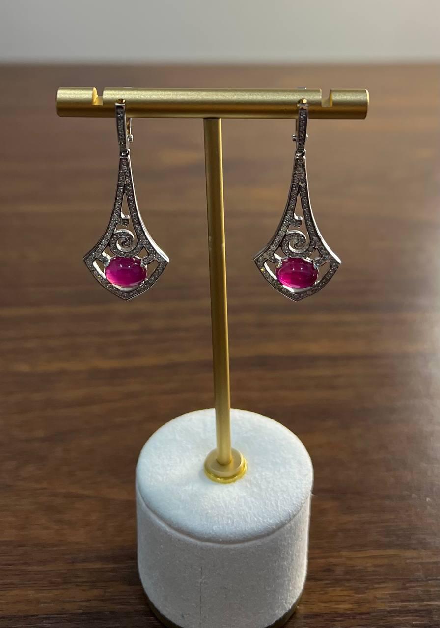 Oval Shape Red Pink Ruby Cabochon 14K White Gold Statement Drop Earrings