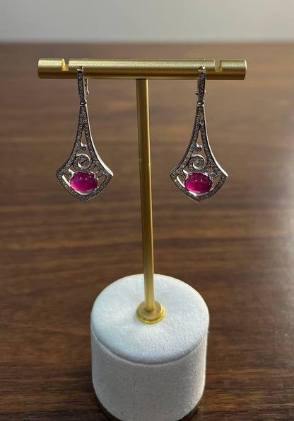 Oval Shape Red Pink Ruby Cabochon 14K White Gold Statement Drop Earrings