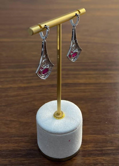 Oval Shape Red Pink Ruby Cabochon 14K White Gold Statement Drop Earrings
