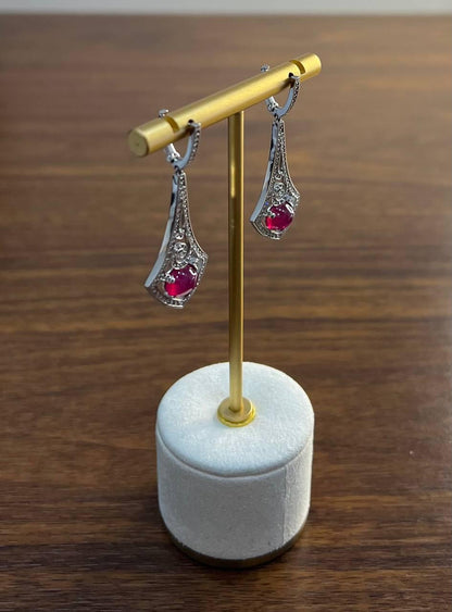 Oval Shape Red Pink Ruby Cabochon 14K White Gold Statement Drop Earrings
