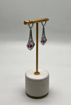 Oval Shape Red Pink Ruby Cabochon 14K White Gold Statement Drop Earrings