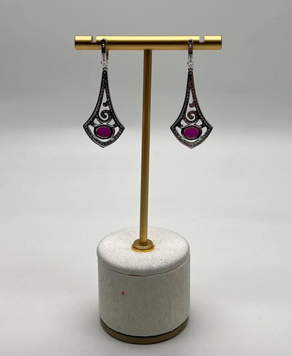 Oval Shape Red Pink Ruby Cabochon 14K White Gold Statement Drop Earrings