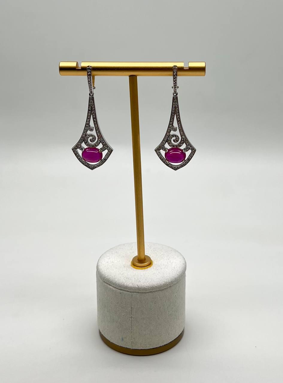 Oval Shape Red Pink Ruby Cabochon 14K White Gold Statement Drop Earrings