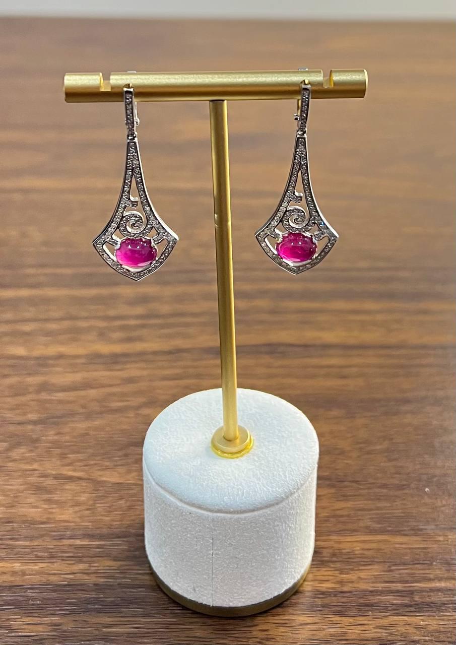 Oval Shape Red Pink Ruby Cabochon 14K White Gold Statement Drop Earrings