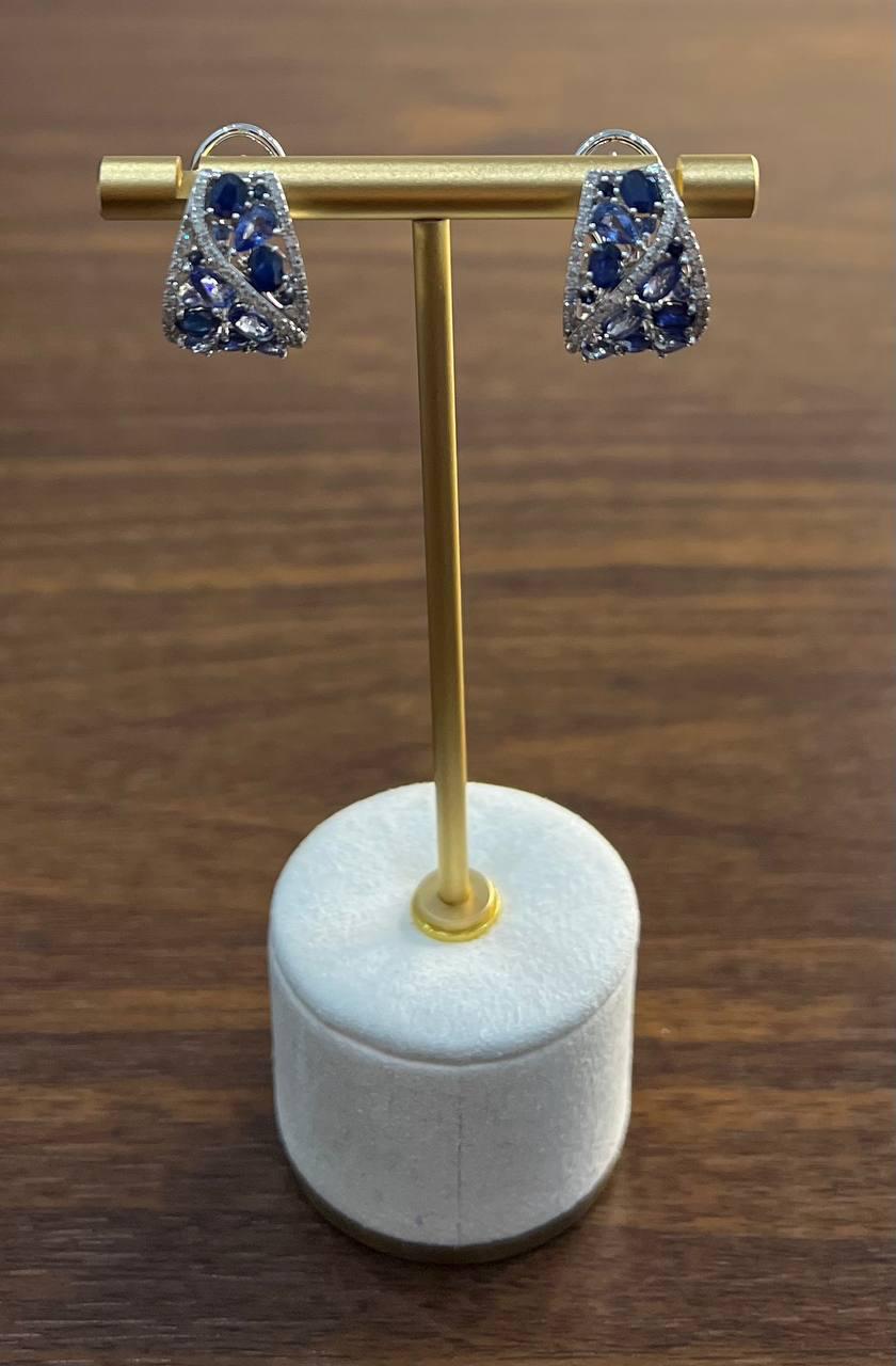 Light Dark Blue Sapphire Cluster White Diamond Pave 14K White Gold Earrings