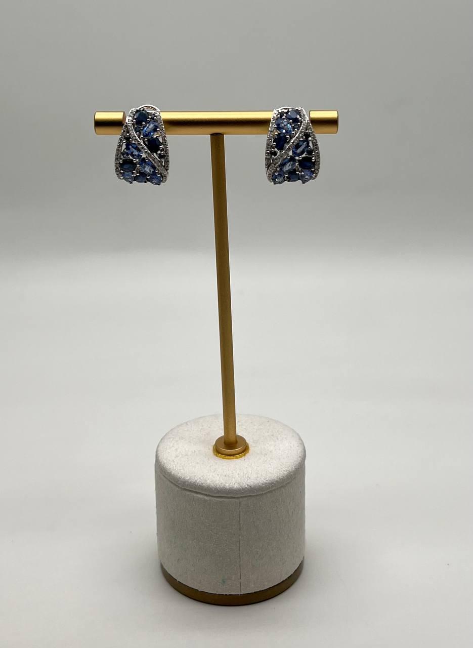 Light Dark Blue Sapphire Cluster White Diamond Pave 14K White Gold Earrings