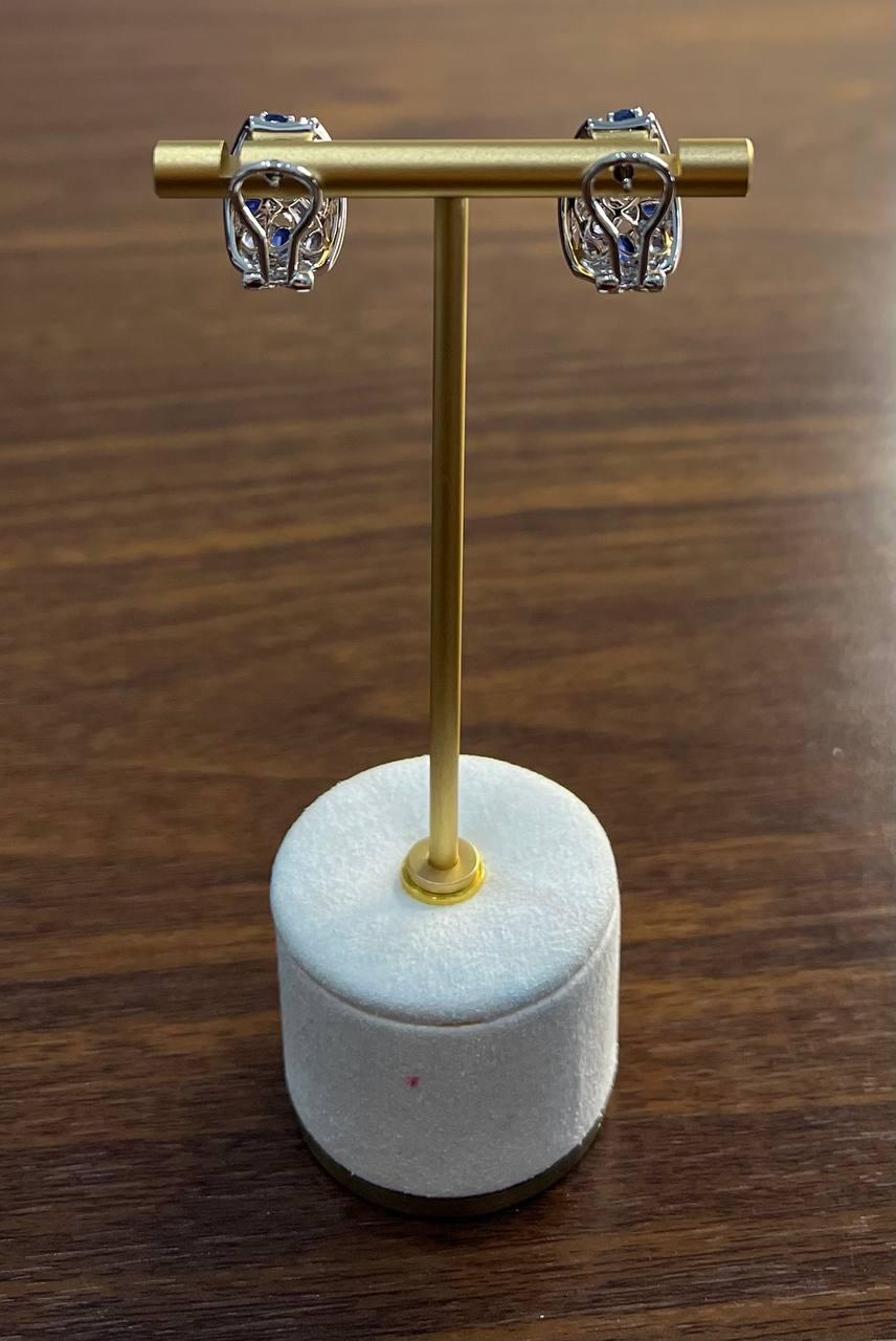 Light Dark Blue Sapphire Cluster White Diamond Pave 14K White Gold Earrings