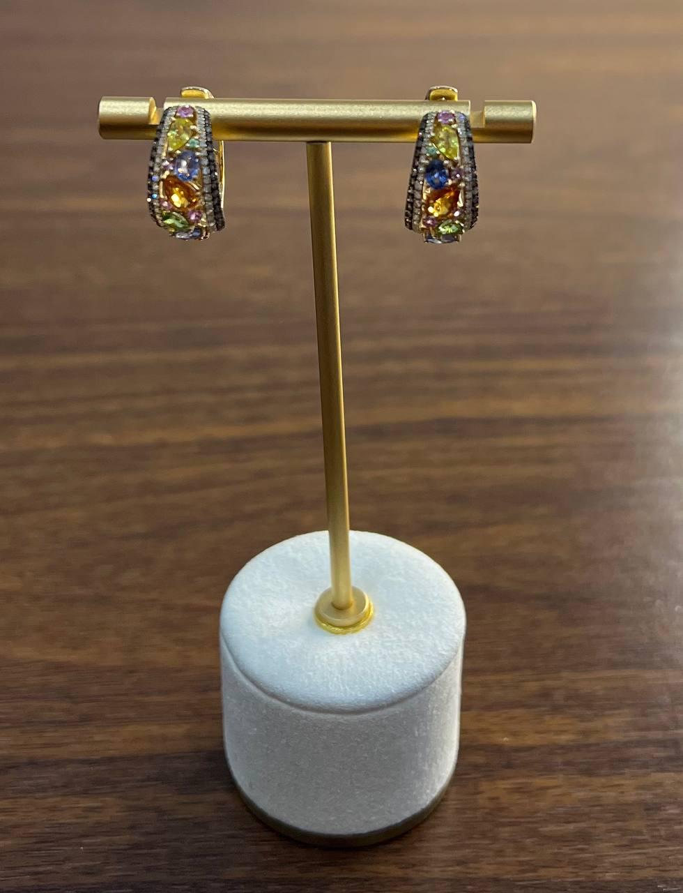 Multicolor Rainbow Sapphires Diamonds Cluster Pave 14K Yellow Gold Earrings