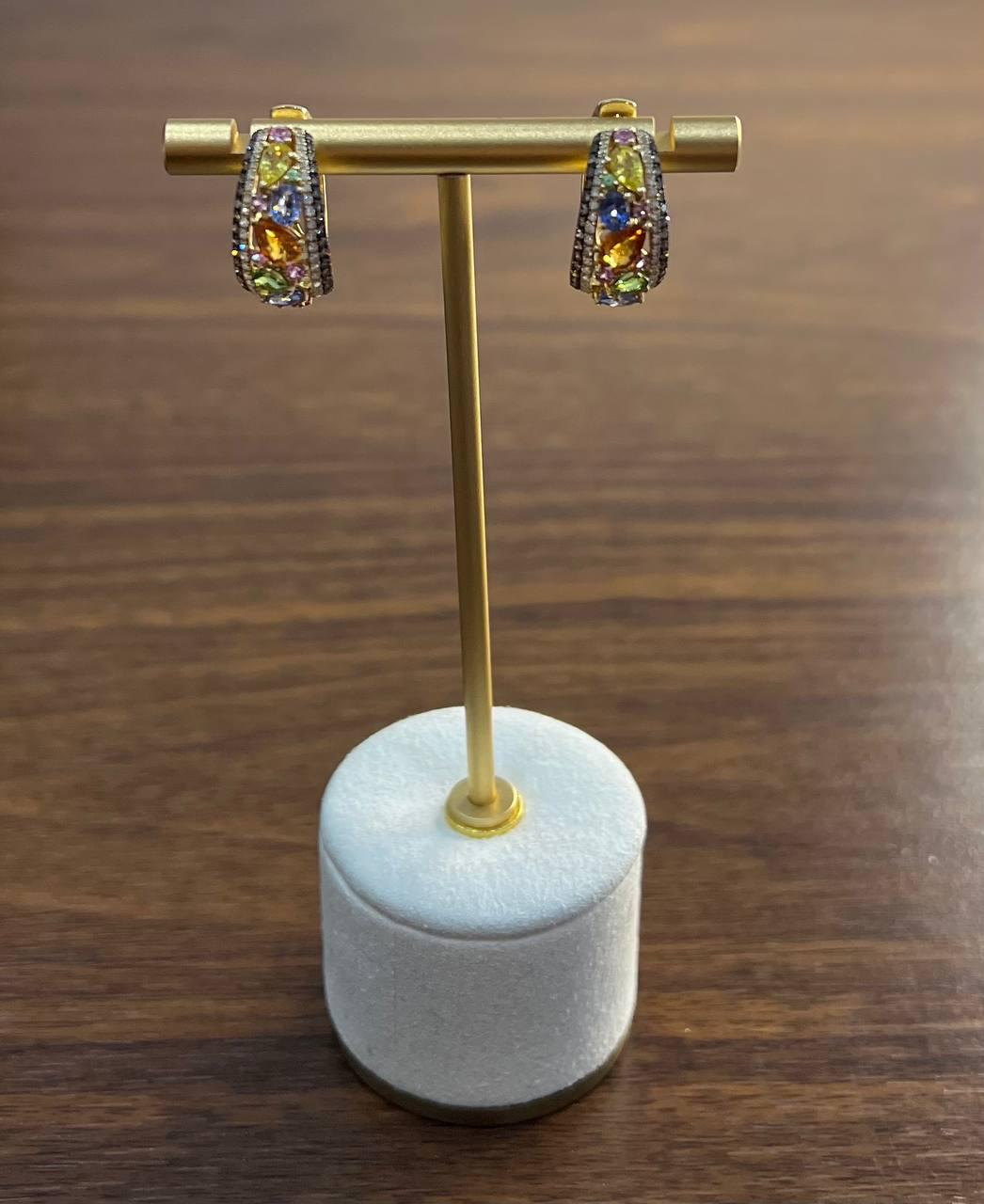 Multicolor Rainbow Sapphires Diamonds 14K Yellow Gold Statement Cluster Earrings