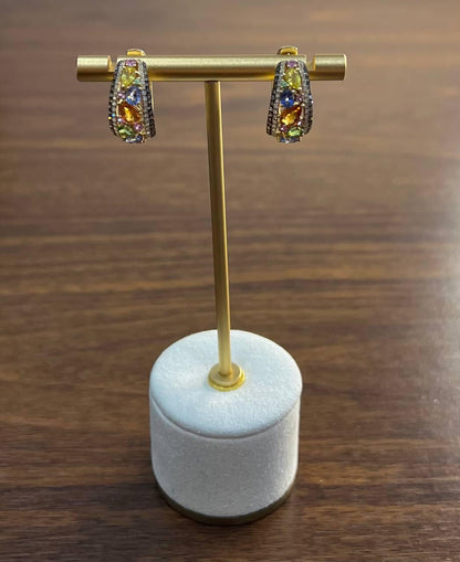 Multicolor Rainbow Sapphires Diamonds 14K Yellow Gold Statement Cluster Earrings