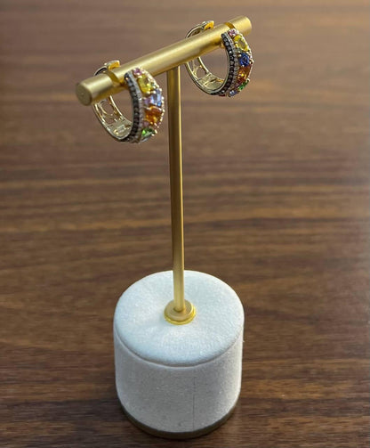 Multicolor Rainbow Sapphires Diamonds 14K Yellow Gold Statement Cluster Earrings