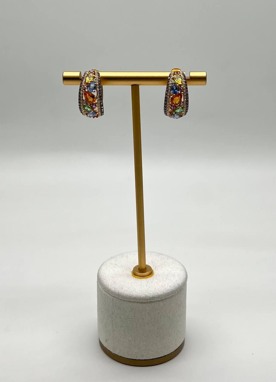 Multicolor Rainbow Sapphires Diamonds Cluster Pave 14K Yellow Gold Earrings