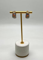 Multicolor Rainbow Sapphires Diamonds Cluster Pave 14K Yellow Gold Earrings