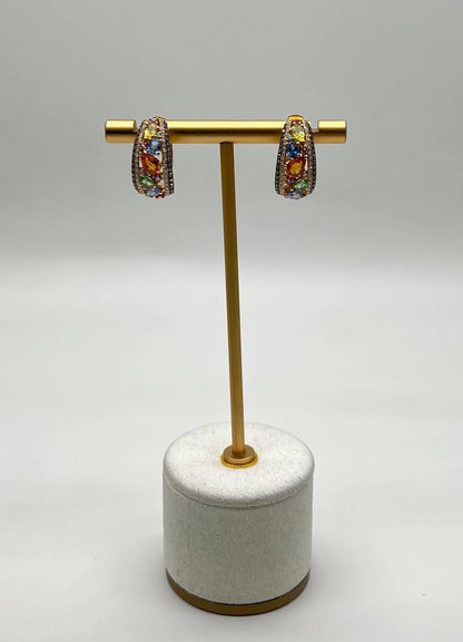 Multicolor Rainbow Sapphires Diamonds 14K Yellow Gold Statement Cluster Earrings