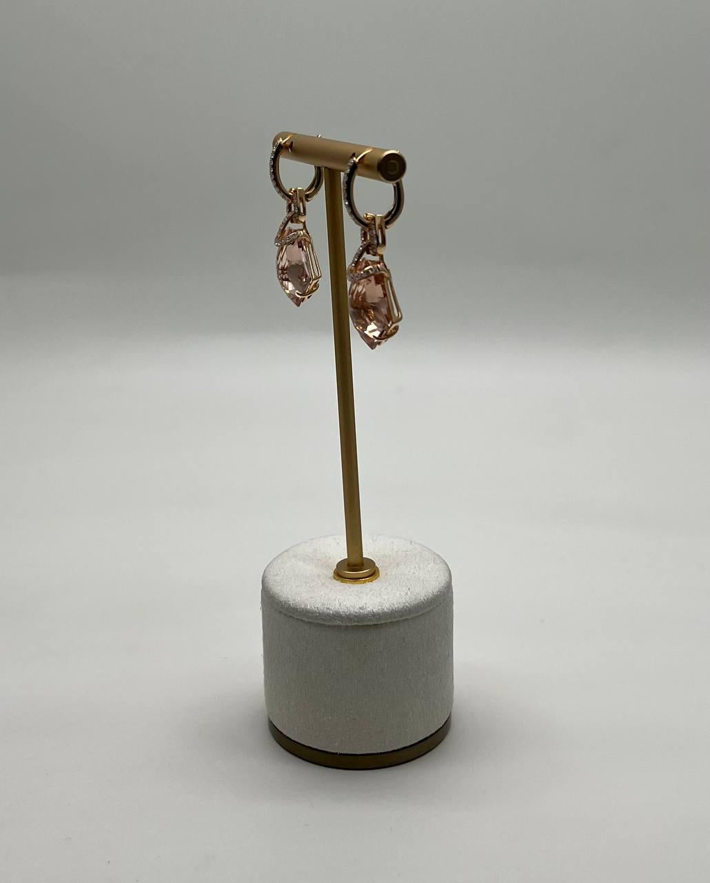 Shield Kite Shape Peach Pink Morganite Diamond Halo 18K Rose Gold Fancy Earrings