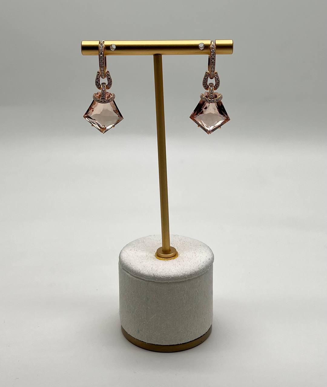 Shield Kite Shape Peach Pink Morganite Diamond Halo 18K Rose Gold Fancy Earrings