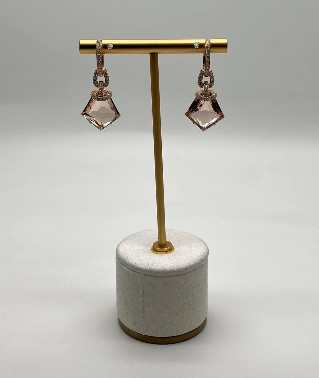 Shield Kite Shape Peach Pink Morganite Diamond Halo 18K Rose Gold Fancy Earrings
