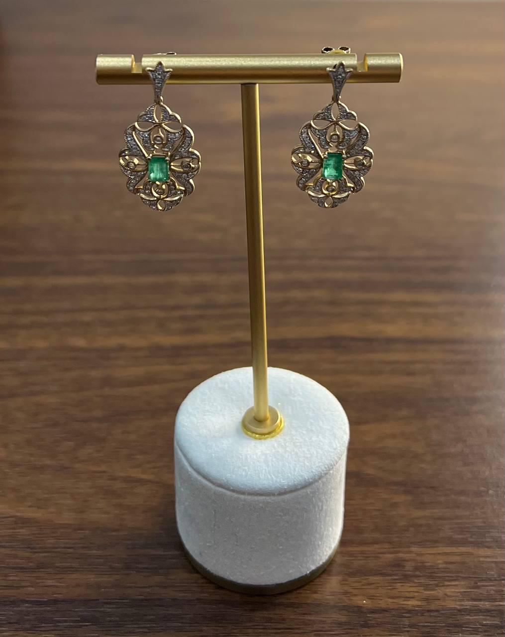 Green Emerald White Diamonds Symbol 14K Yellow Gold Statement Scroll Earrings