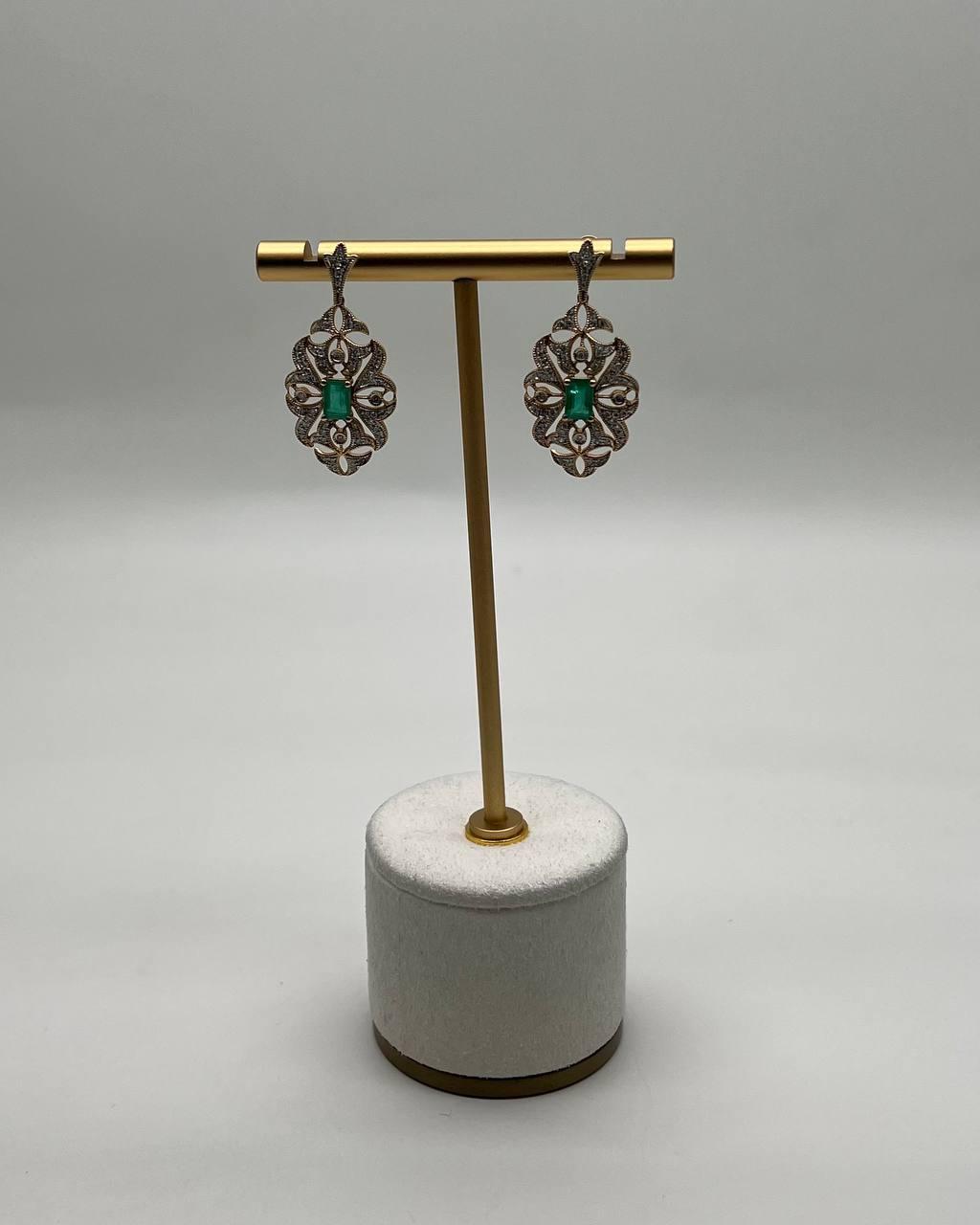Green Emerald White Diamonds Symbol 14K Yellow Gold Statement Scroll Earrings
