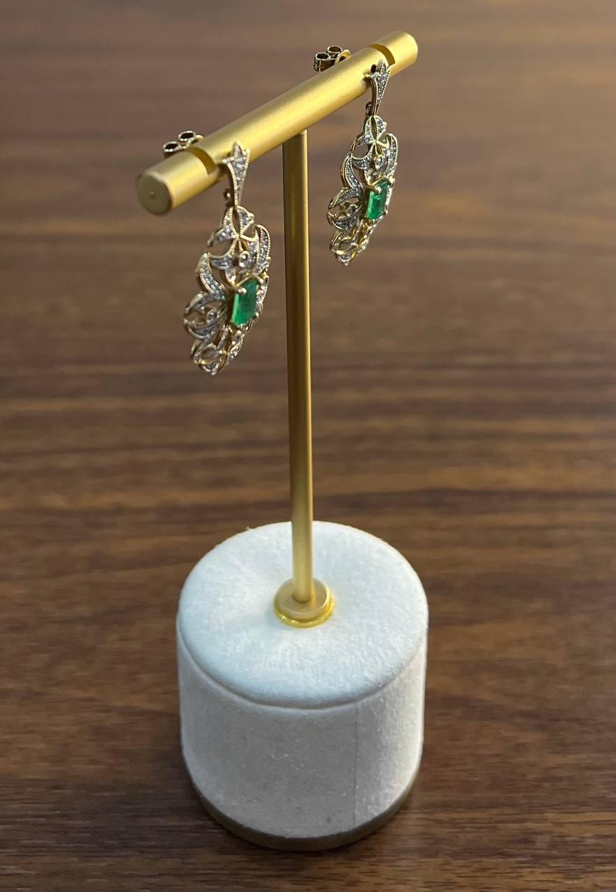 Green Emerald White Diamonds Symbol 14K Yellow Gold Statement Scroll Earrings