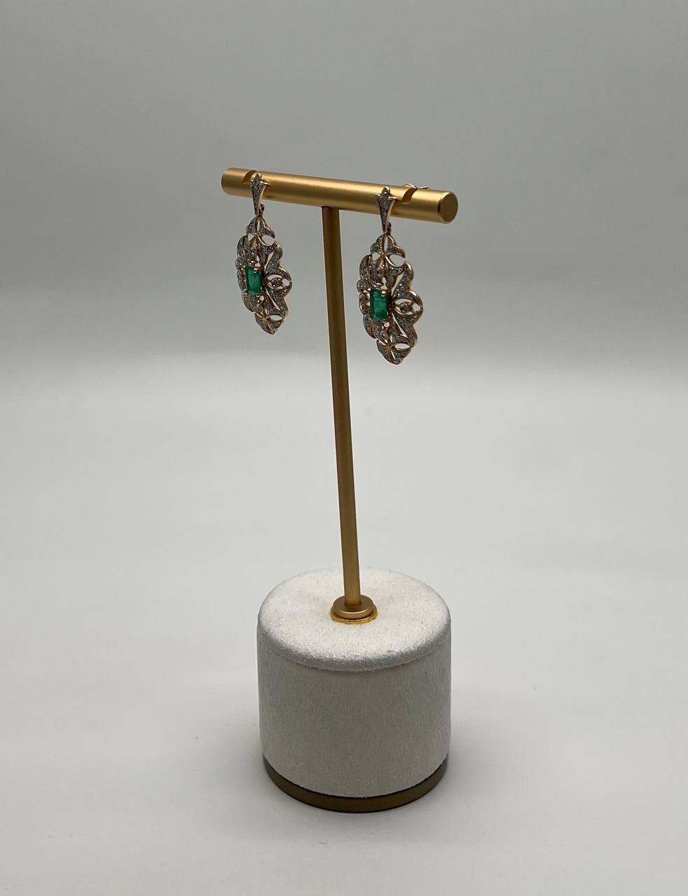 Green Emerald White Diamonds Symbol 14K Yellow Gold Statement Scroll Earrings