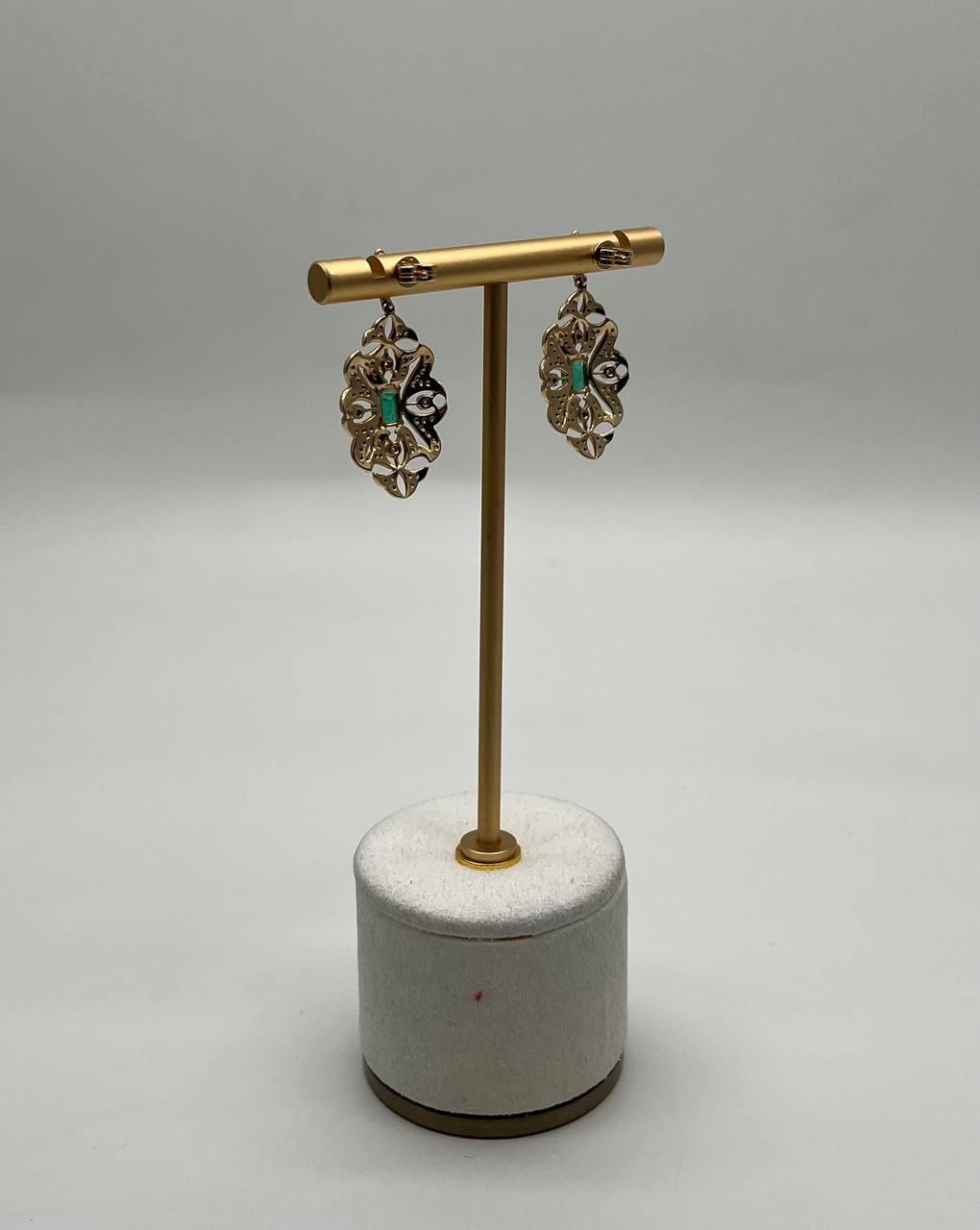 Green Emerald White Diamonds Symbol 14K Yellow Gold Statement Scroll Earrings