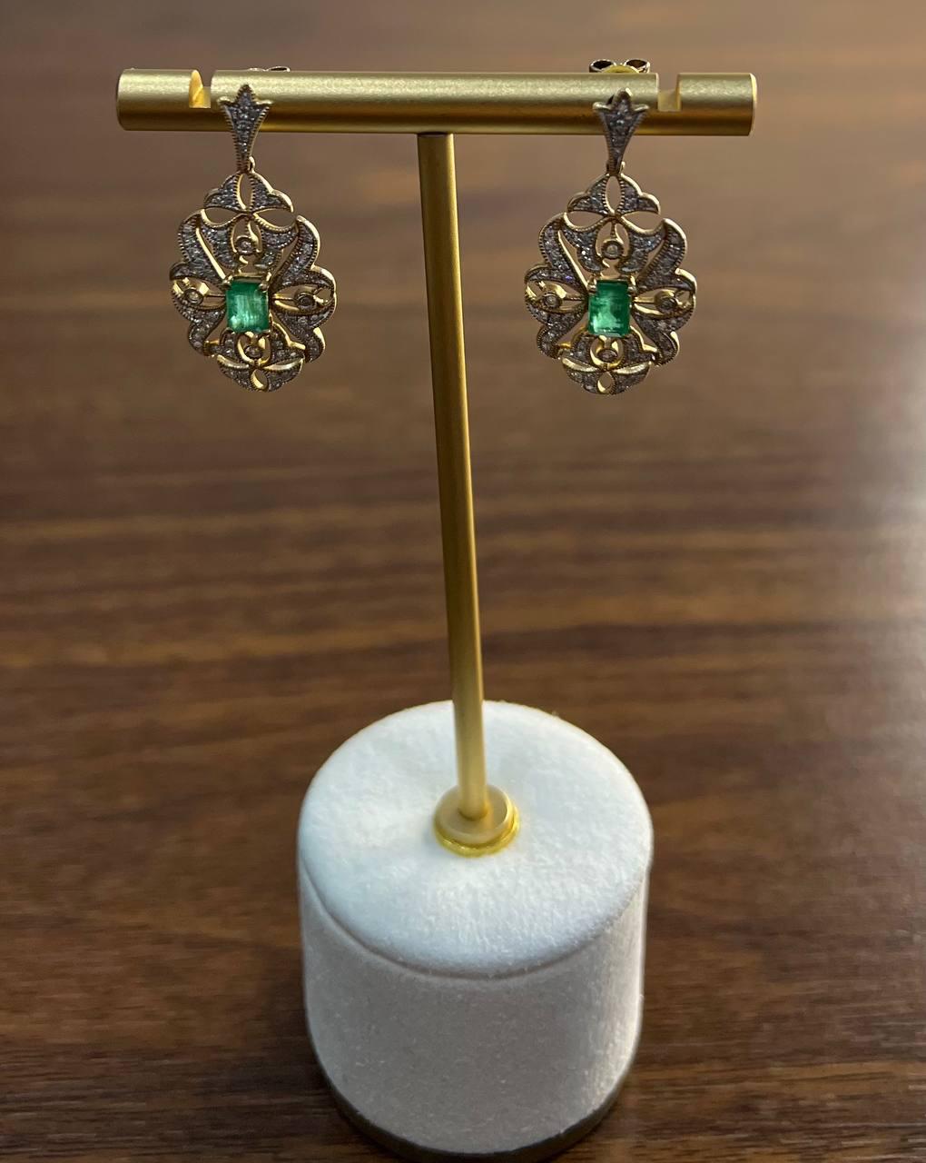 Green Emerald White Diamonds Symbol 14K Yellow Gold Statement Scroll Earrings