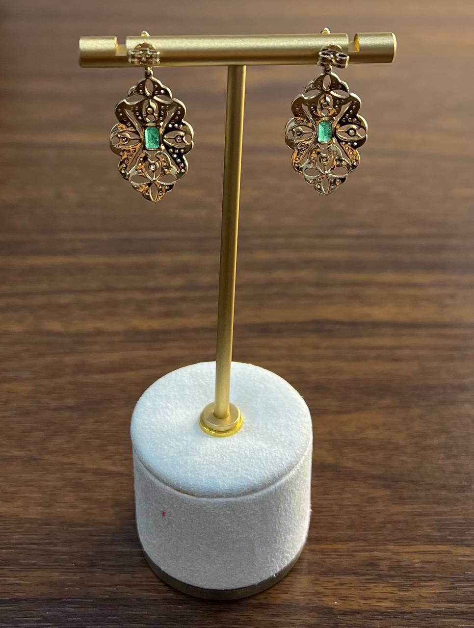 Green Emerald White Diamonds Symbol 14K Yellow Gold Statement Scroll Earrings