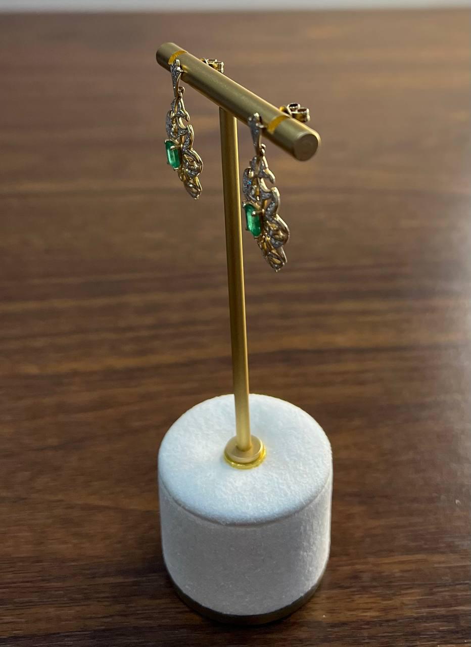 Green Emerald White Diamonds Symbol 14K Yellow Gold Statement Scroll Earrings