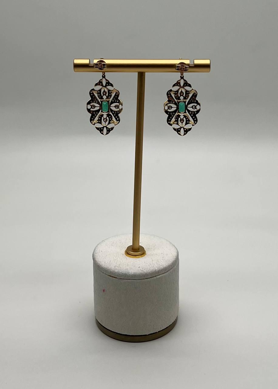 Green Emerald White Diamonds Symbol 14K Yellow Gold Statement Scroll Earrings