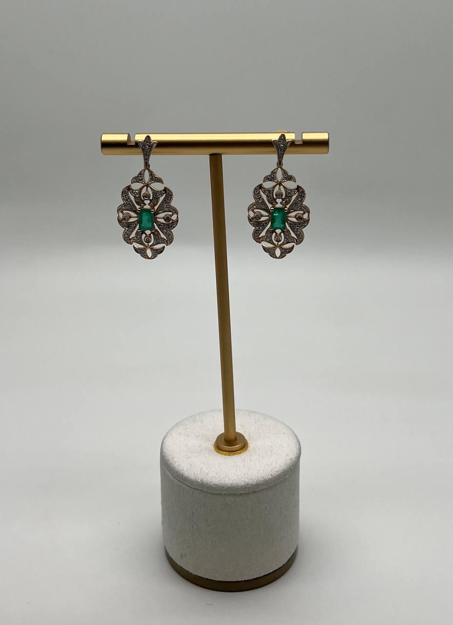 Green Emerald White Diamonds Symbol 14K Yellow Gold Statement Scroll Earrings