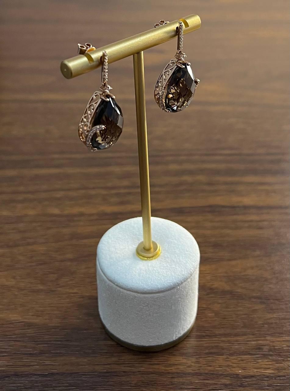 Pear Teardrop Shape Brown Smoky Quartz 14K Rose Gold Diamond Halo Drop Earrings
