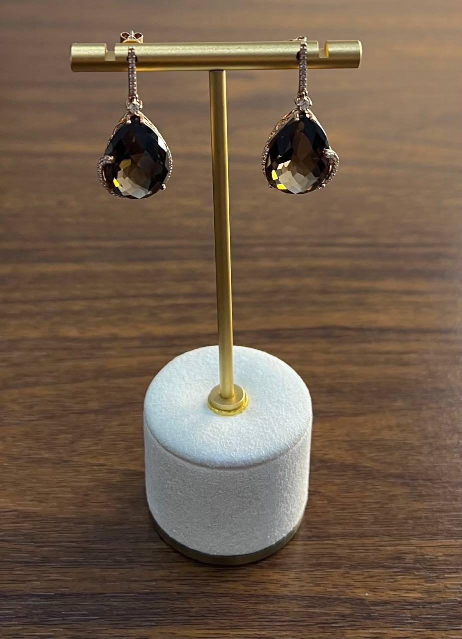 Pear Teardrop Shape Brown Smoky Quartz 14K Rose Gold Diamond Halo Drop Earrings
