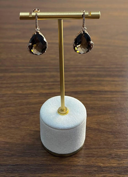 Pear Teardrop Shape Brown Smoky Quartz 14K Rose Gold Diamond Halo Drop Earrings