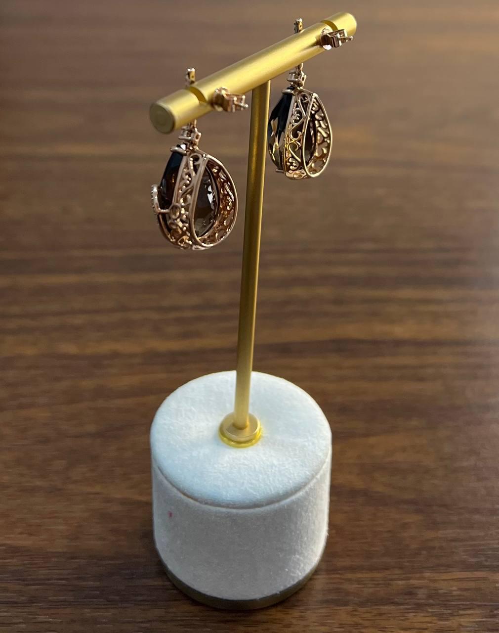 Pear Teardrop Shape Brown Smoky Quartz 14K Rose Gold Diamond Halo Drop Earrings