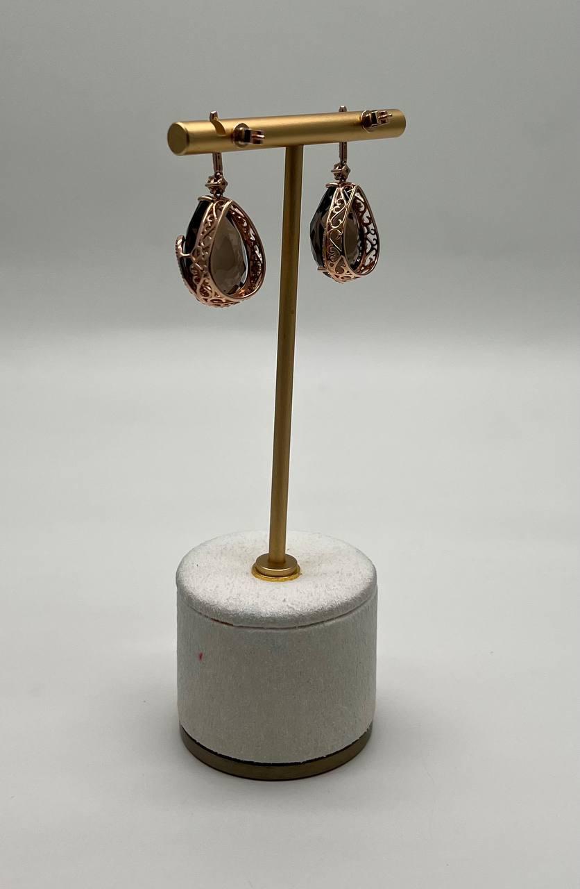 Pear Teardrop Shape Brown Smoky Quartz 14K Rose Gold Diamond Halo Drop Earrings