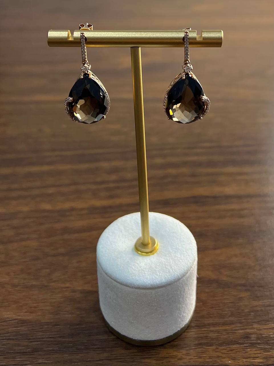 Pear Teardrop Shape Brown Smoky Quartz 14K Rose Gold Diamond Halo Drop Earrings