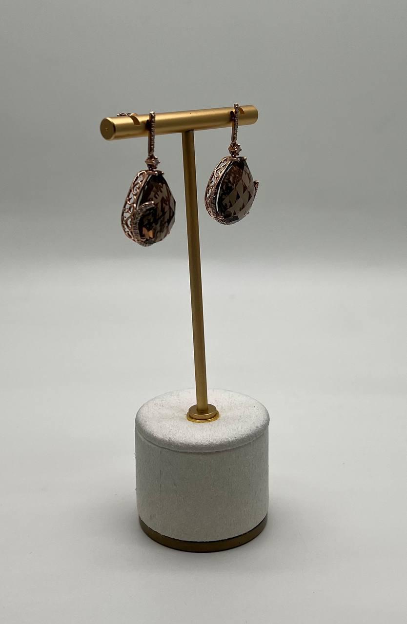 Pear Teardrop Shape Brown Smoky Quartz 14K Rose Gold Diamond Halo Drop Earrings