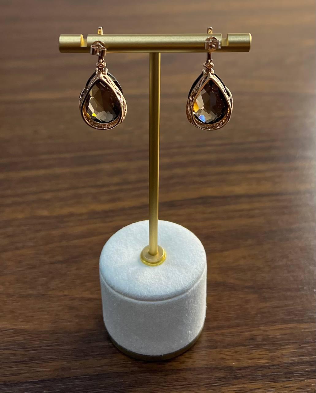 pear teardrop shape brown smoky quartz 14k rose gold diamond halo drop earrings